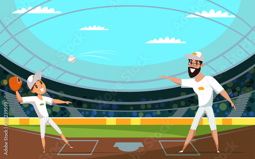 Man and boy throwing ball flat vector illustration