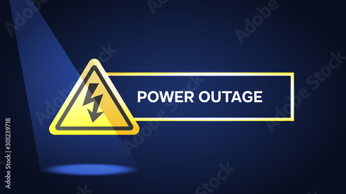 Power outage, warning poster on blue background with warning sign and flash light.