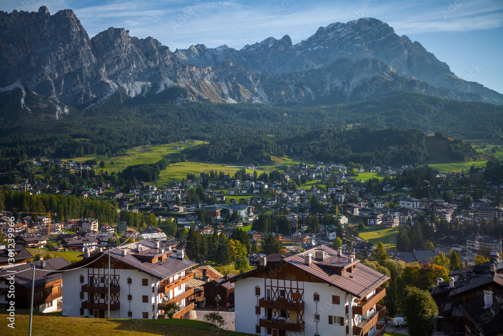 A view of Cortina d'Ampezzo from an hill above the city, Dolomites, Veneto, Italy