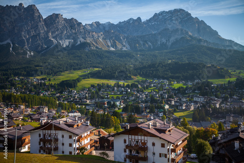 A view of Cortina d Ampezzo from an hill above the city  Dolomites  Veneto  Italy