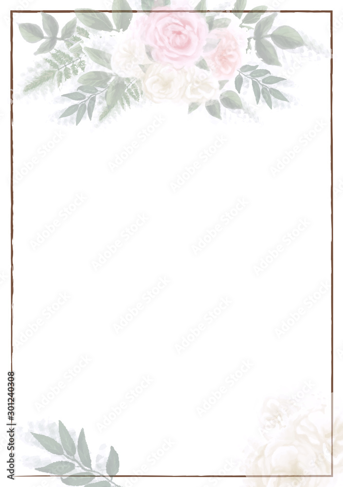 Obraz premium Wedding menu, guest card, number of table. Design with white, pink flowers, green leaves. Decorative greeting card or invitation design background