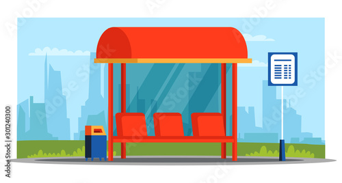 Empty bus stop with city background flat design