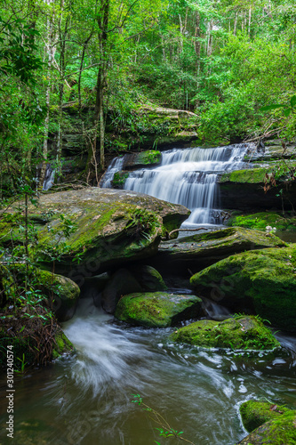 Tham yai waterfall, a beautiful waterfall in a forest filled with green trees at Phu Kradung National Park in the rainy season, which is famous tourist destination in Thailand.