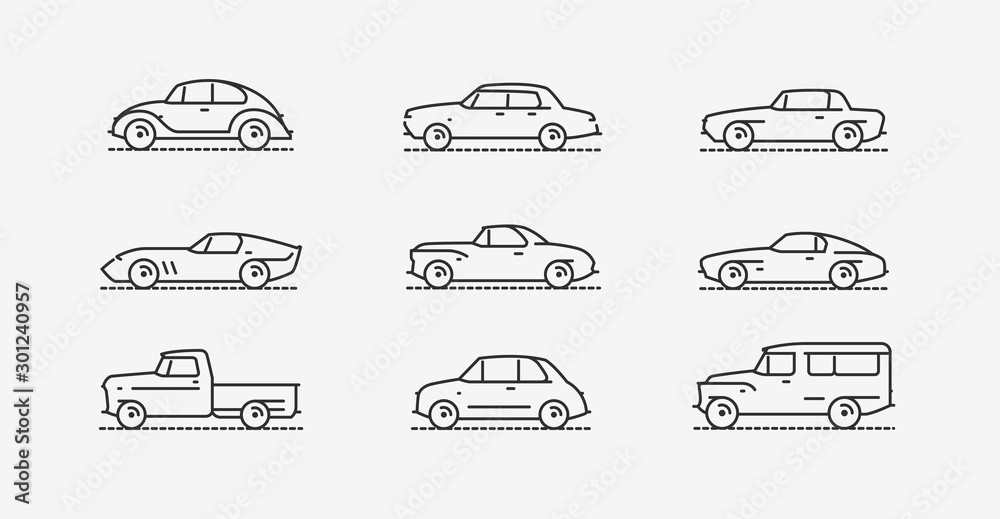 Fototapeta Car retro icon set. Transportation symbol in linear style. Vector illustration