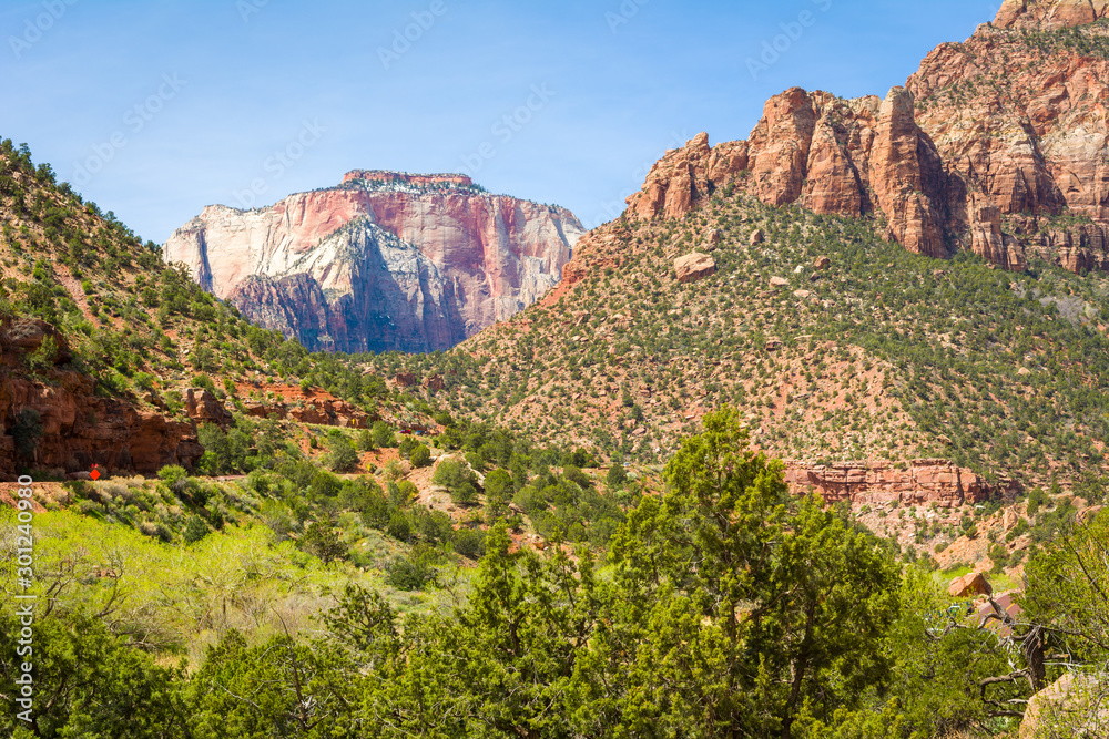 Zion National Park located in the USA in southwestern Utah. There are numerous rock cliffs, waterfalls and rivers in the park.