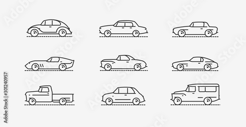 Car retro icon set. Transportation symbol in linear style. Vector illustration