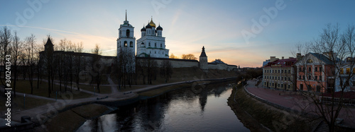 Panorama of the medieval fortress and the Cathedral at sunset. Pskov, Russia.