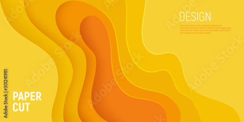 Yellow paper cut banner with 3D slime abstract background and yellow waves layers. Abstract layout design for brochure and flyer. Paper art vector illustration