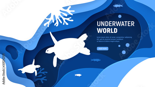 Underwater world page template. Paper art underwater world concept with turtles silhouette. Paper cut sea background with tortoise, waves, fish and coral reefs. Craft vector illustration