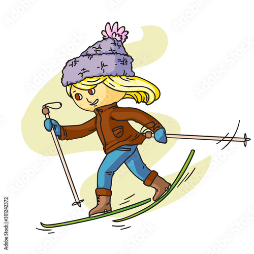 Little child skiing flat vector illustration. Smiling kid in warm clothes cartoon character. Happy childhood activity, winter holidays. Active outdoor pastime, sports leisure, seasonal recreation.