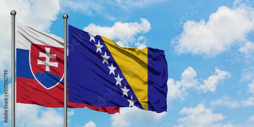 Photography Slovakia and Bosnia Herzegovina flag waving in the wind against white cloudy blue sky together