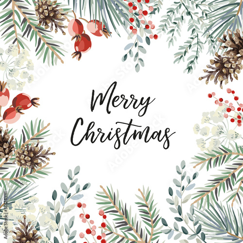Winter nature design frame, text Merry Christmas, white background. Green pine, fir twigs, cones, red berries. Vector illustration. Greeting card, poster template. Xmas holidays