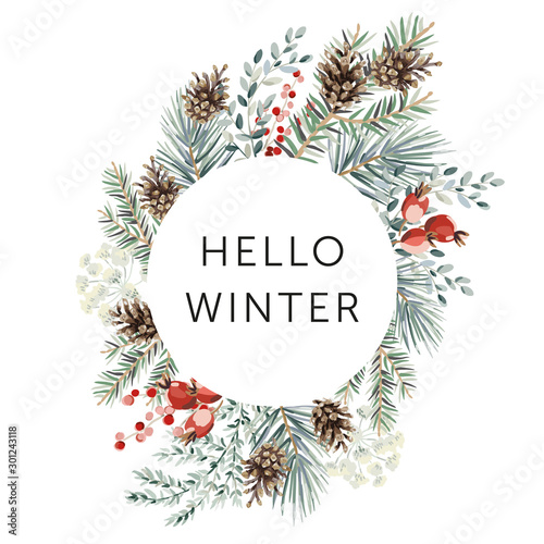 Christmas nature design circle frame, text Hello Winter, white background. Green pine, fir twigs, cones, red berries. Vector illustration. Greeting card, poster template. Xmas holidays