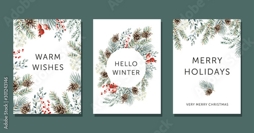 Christmas nature design greeting cards template, circle frame, text Hello Winter, Warm Wishes, Merry Holidays, white background. Green pine, fir twigs, cones, red berries. Vector xmas illustration