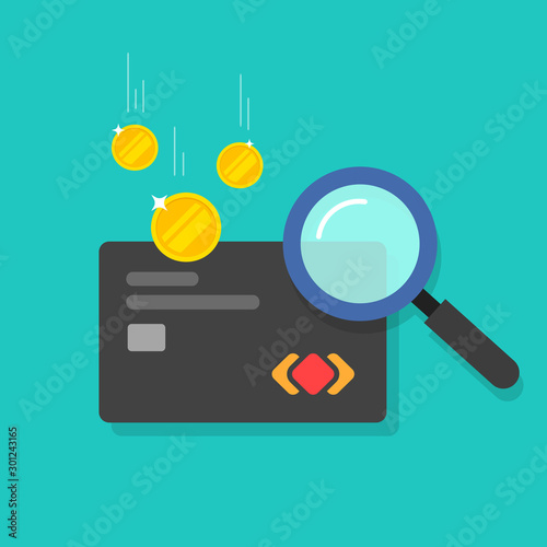 Money fraud verification vector icon, flat cartoon electronic money in debit card investigation via magnifier, suspicious cash analyzing control or check, concept of financial authentication research