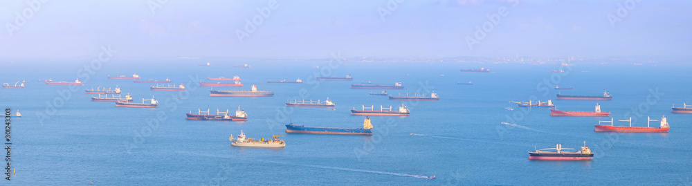 Singapore harbor cargo ships panorama