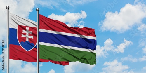Slovakia and Gambia flag waving in the wind against white cloudy blue sky together. Diplomacy concept, international relations.
