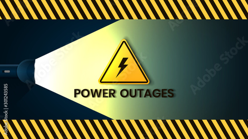 Power outage, warning poster in yellow and black with flashlight and a triangular icon of electricity