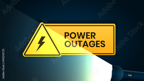Power outage, warning poster with flashlight and triangular icon of electricity