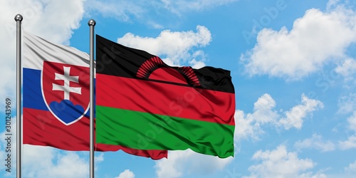 Canvas Print Slovakia and Malawi flag waving in the wind against white cloudy blue sky together