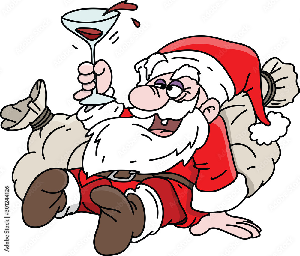 Cartoon drunk Santa Claus lying on his sacks full of gifts drinking wine vector illustration Stock Vector | Adobe Stock Cartoon drunk Santa Claus lying on his sacks full of gifts drinking wine vector illustration Stock Vector | Adobe Stock