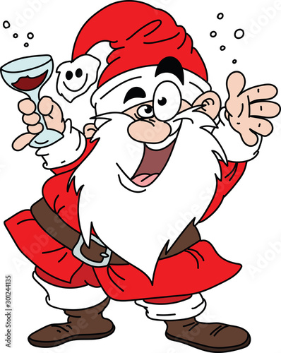 Cartoon Santa Claus drinking wine and having fun vector illustration
