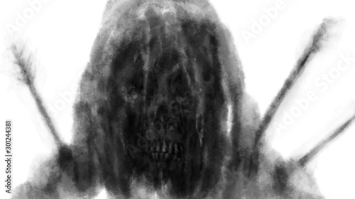 A man killed by arrows sits covered in snow. Frozen skeleton in the mountains. Scary skull in the hood. Illustration in the fantasy genre with the effect of coal and noise. Black and white. photo