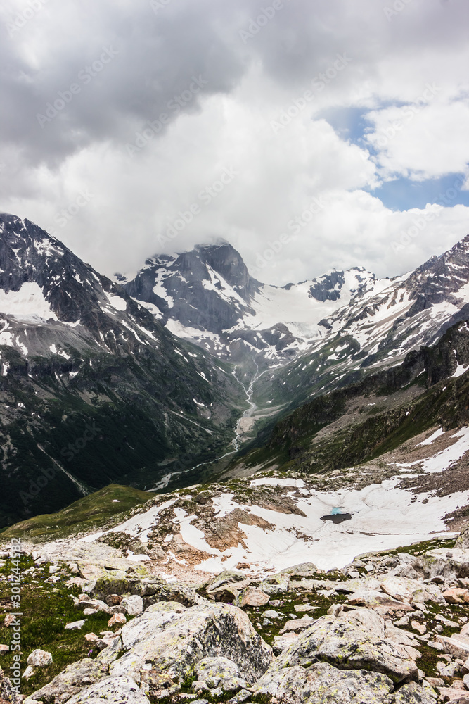 high mountains covered with snow and ice, peaks and valleys in the Caucasus high mountains covered with snow and ice, peaks and valleys in the Caucasus