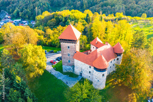 Panoramic view of Dubovac old town in autumn from drone, medieval castle in Karlovac, Croatia photo