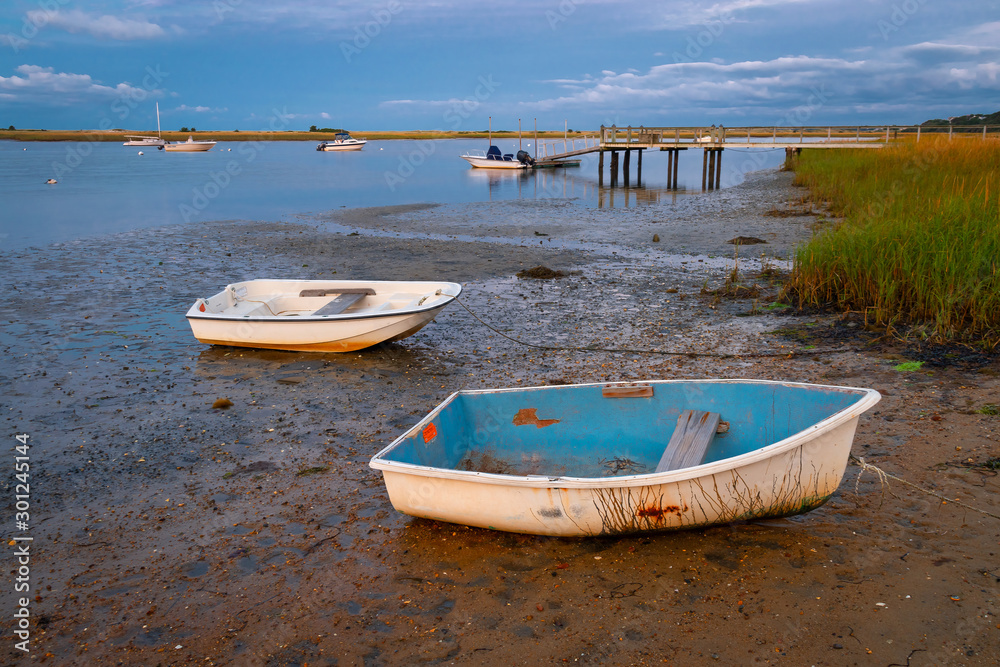 Dinghies beached at low tide