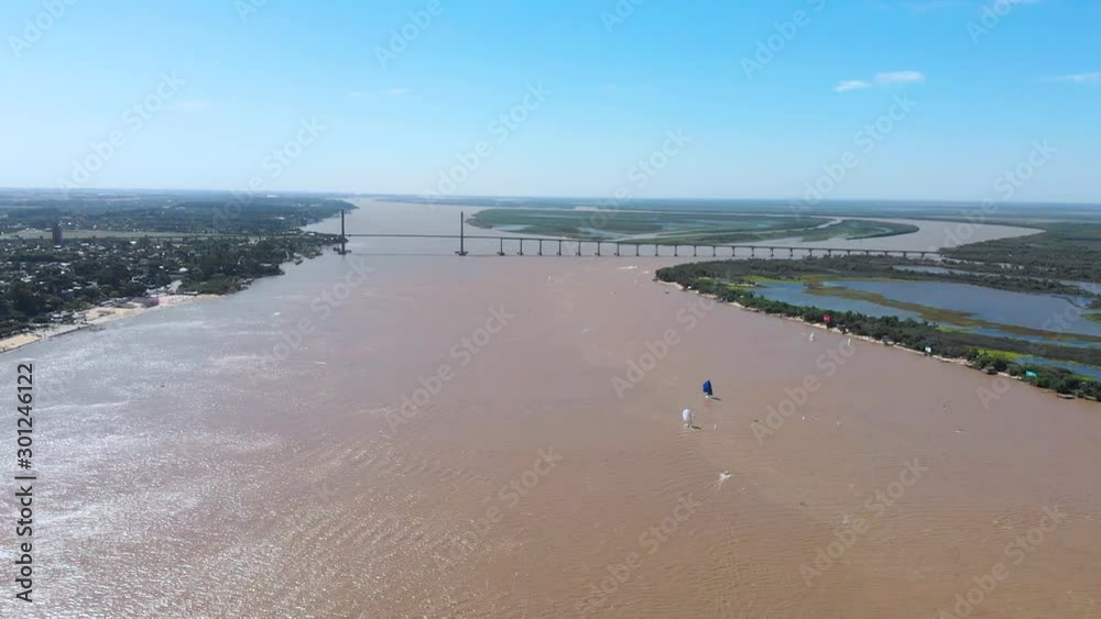 Parana River, Victoria Bridge (Rosario, Argentina) aerial view, drone footage Parana River, Victoria Bridge (Rosario, Argentina) aerial view, drone footage