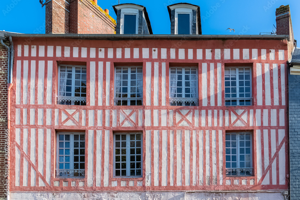 Obraz premium Honfleur, Normandy, typical houses with half-timbered facade