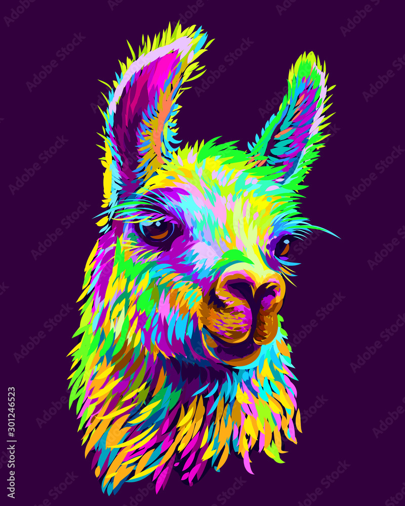 Alpaca / Llama portrait. Abstract, hand-drawn, multi-colored portrait of an alpaca / llama on a dark purple background. - obrazy, fototapety, plakaty 