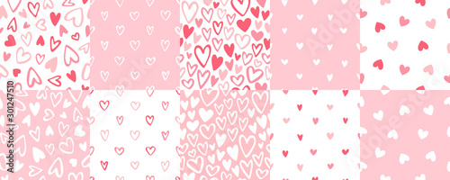 Cute doodle style hearts seamless vector patterns set. Valentine's Day handwritten background collection. Marker, brush drawn different outline heart shapes, silhouettes. Hand drawn ornamentation. photo
