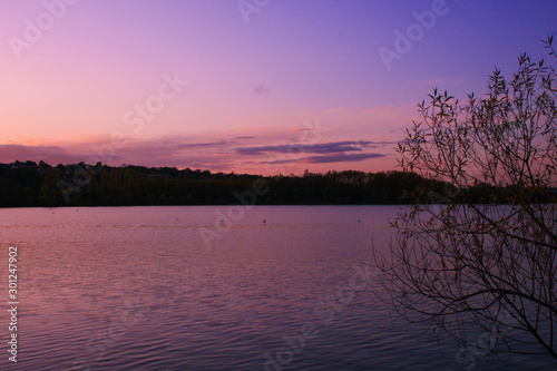 Romantic sunset on a lake. Reflection of colorful sky in the water. Silhouette of vegetations in foreground.