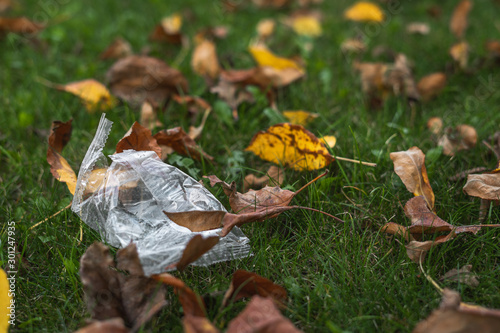 Little plastic bag on the grass. Pollution, environment. Package, PET, autumn leaves on the lawn. Nature.