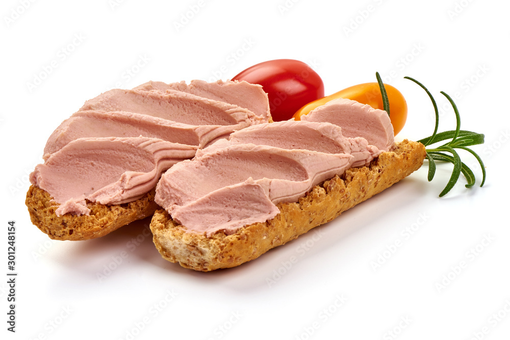 Sandwich with homemade chicken liver pate, isolated on white background Sandwich with homemade chicken liver pate, isolated on white background