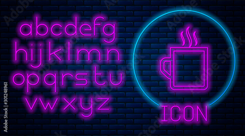 Glowing neon Coffee cup flat icon isolated on brick wall background. Tea cup. Hot drink coffee. Neon light alphabet. Vector Illustration