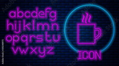 Glowing neon Coffee cup flat icon isolated on brick wall background. Tea cup. Hot drink coffee. Neon light alphabet. Vector Illustration