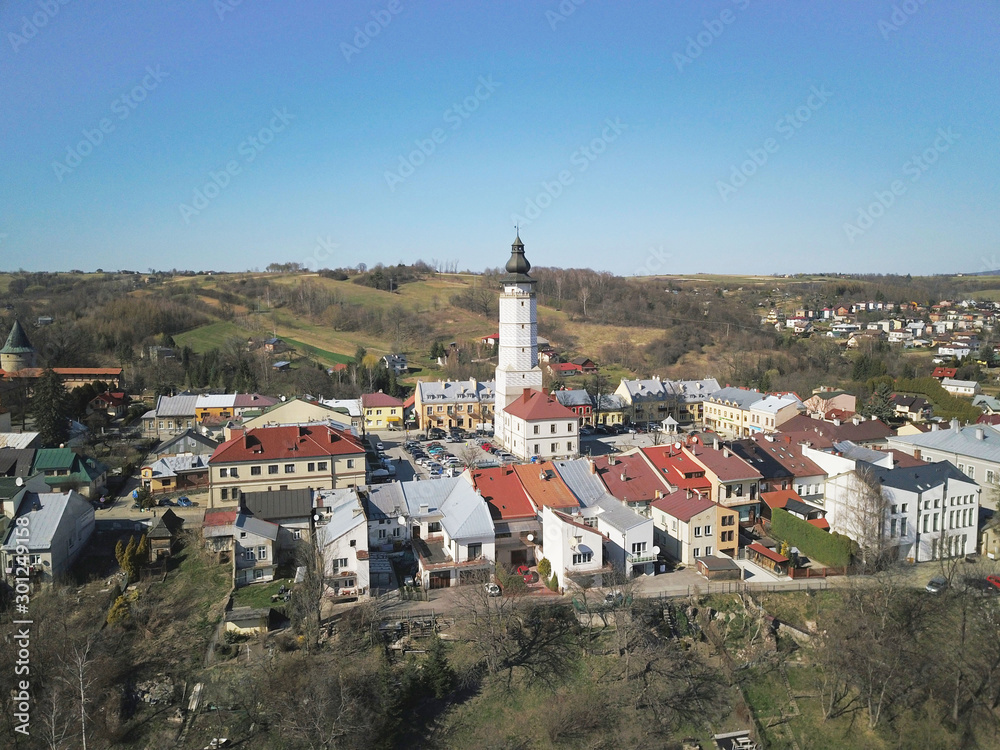 Biecz, Poland - 4 4 2019: Panorama of the ancient Polish city of Bech. Aerial photograph taken from a bird's flight shot by a quadrocopter or drone. Tourist place of medieval Carpathians architecture