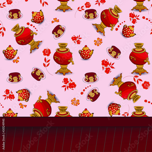 Bright wallpaper in the kitchen and a seamless pattern with a samovar, a kettle and pancakes. 