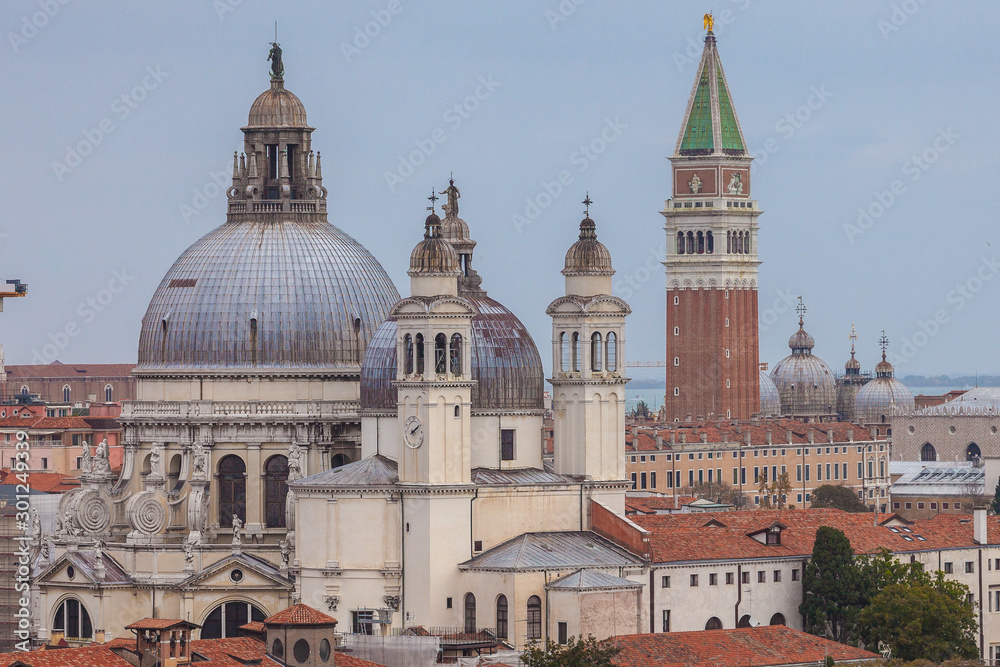 Aerial panorama of Basilica della Salute and San Marco bell tower, Venice, Italy