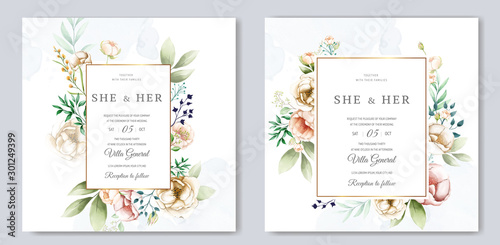 wedding invitation design with watercolor floral and leaves 