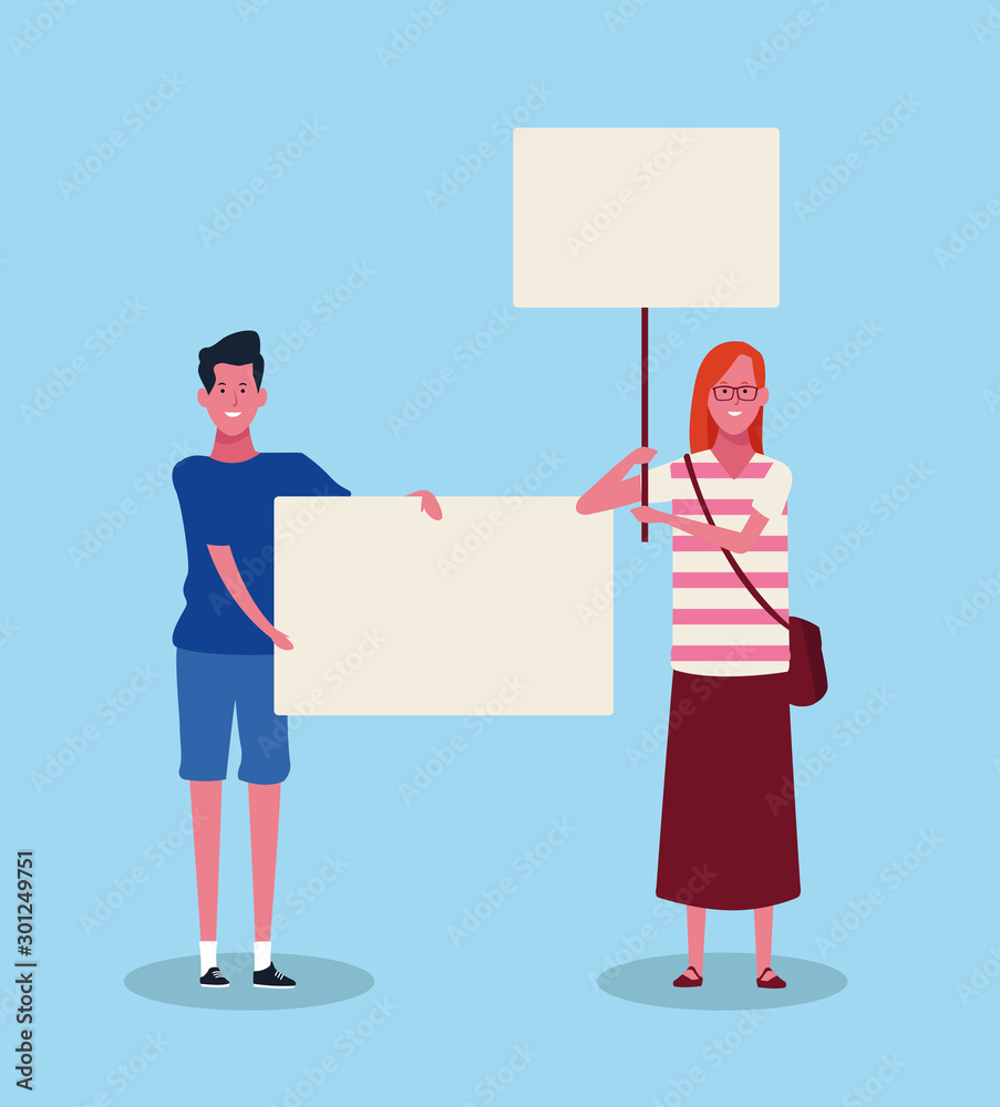 woman and man protesting with blank placards, colorful design woman and man protesting with blank placards, colorful design