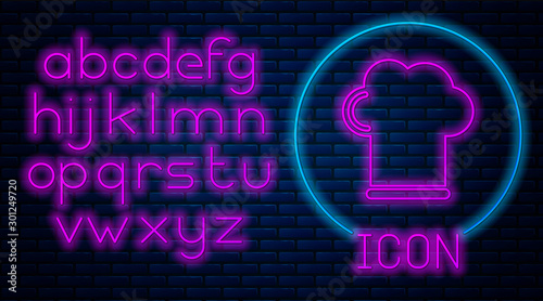 Glowing neon Chef hat icon isolated on brick wall background. Cooking symbol. Cooks hat. Neon light alphabet. Vector Illustration