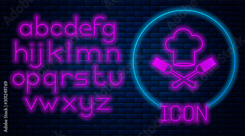 Glowing neon Chef hat and crossed fork icon isolated on brick wall background. Cooking symbol. Restaurant menu. Cooks hat. Neon light alphabet. Vector Illustration