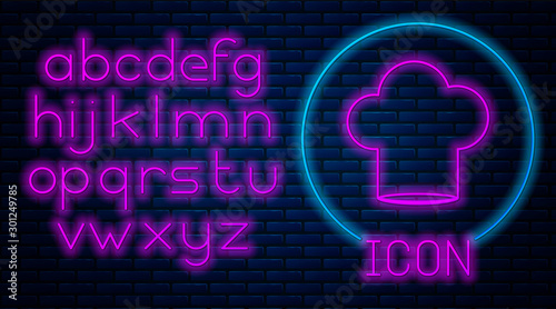Glowing neon Chef hat icon isolated on brick wall background. Cooking symbol. Cooks hat. Neon light alphabet. Vector Illustration