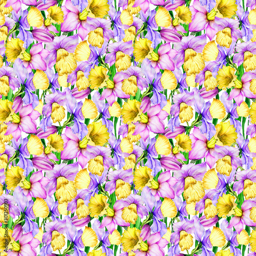 Beautiful narcissus flowers in seamless floral pattern. Bright spring backgro...