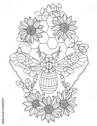 Outline vector illustration of zen art bee in flower frame, honeycombs, sunflowers for anti-stress coloring book. Coloring page for adults and children, zen tangle, doodle