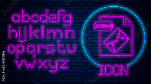 Glowing neon MSG file document. Download msg button icon isolated on brick wall background. MSG file symbol. Neon light alphabet. Vector Illustration